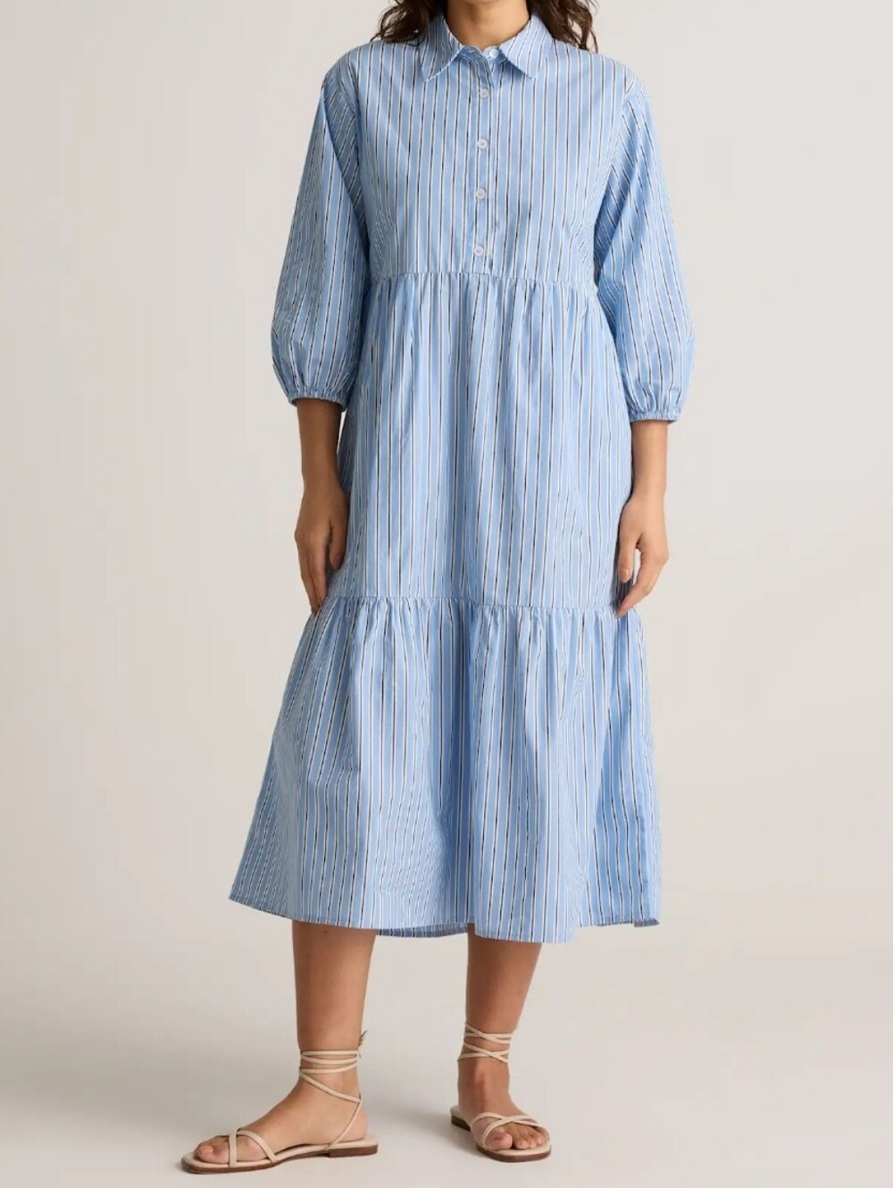 Quince 100% Organic Cotton Poplin Midi Tunic Dress Large Tribeca Blue Stripe